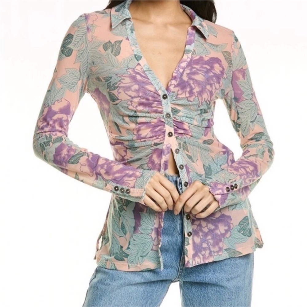 Free People Women's Small Lucky Shirtee Lilac Bloom Floral Purple Semi Sheer Y2K